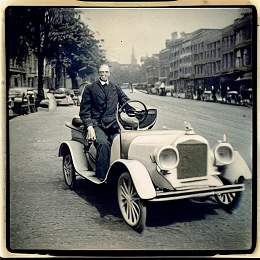 Prompt: “ a man in a olden white car in the city in the 1910s, Polaroid”