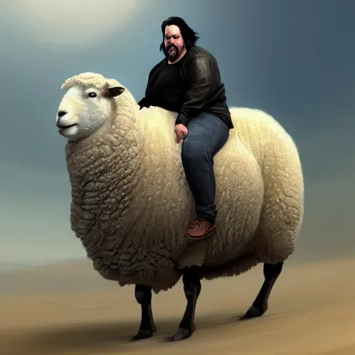 Prompt: portrait of morbidly obese keanu reeves riding a texel sheep, elegant intricate digital painting artstation concept art by mark brooks and brad kunkle detailed