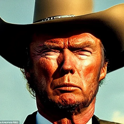 Image similar to donald trump as clint eastwood squinting at high noon in the style of a clint eastwood movie, the good, the bad and the ugly, clint eastwood, steven seagal, bud spencer, donald trump, glory days, american flag, patriotism