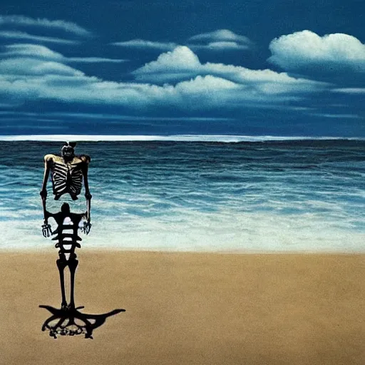 Prompt: a skeleton standing on a beach next to the ocean, a surrealist painting by Storm Thorgerson, featured on cg society, nuclear art, surrealist, apocalypse landscape, chillwave