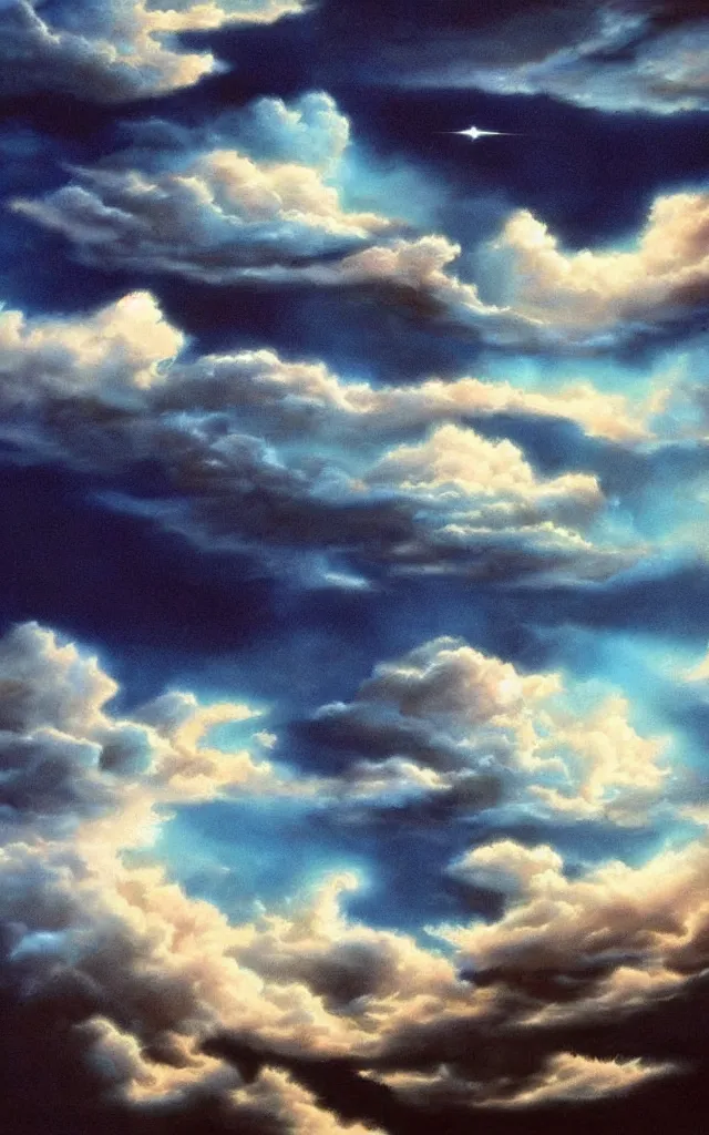 Image similar to 80s airbrushed sky with dramatic clouds black background, airbrush fantasy, masterpiece