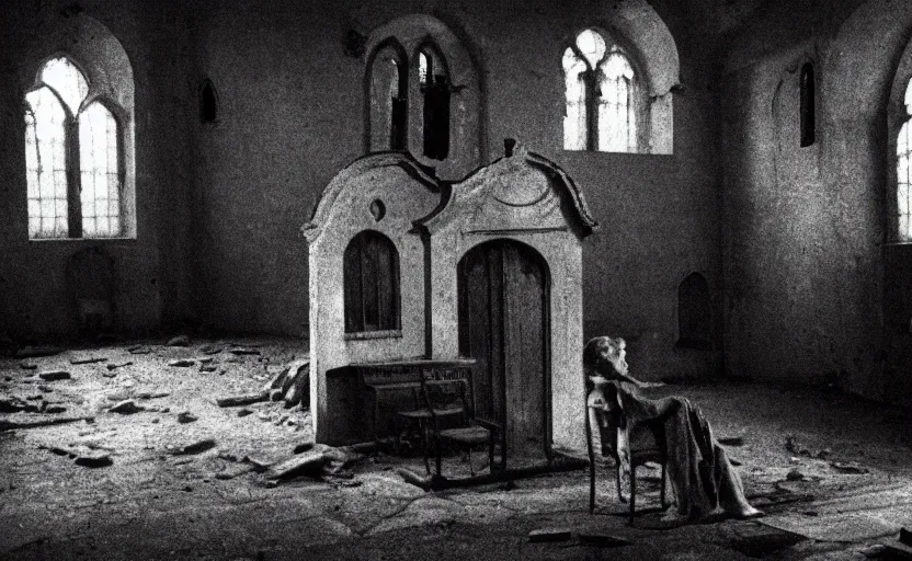 Image similar to contemplation of a crumbling chapel, still from an old surrealist black and white movie directed by Jan Svankmajer, Béla Tarr, Ingrid Bergman and Robert Wiene. Dark background, dramatic lighting, detailed, cinematic