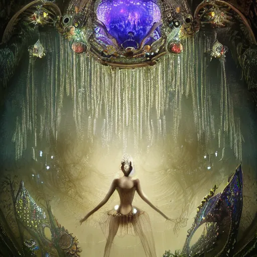 Image similar to under an intricate like jewels epic forest suspended in the air upside down, a pool with intricate and surreal epic circles of water within which float phantasmagoric robotic humanoids, dressed in intricate veils and jewels, epic environment, matte painting, diffused lighting, highly detailed, cinematic, epic atmosphere, digital art, trending on artstation, depth of field, wide angle