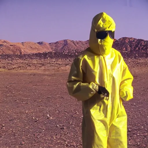 Prompt: a man wearing a hazmat suit, in the desert, film still, panavision panaflex