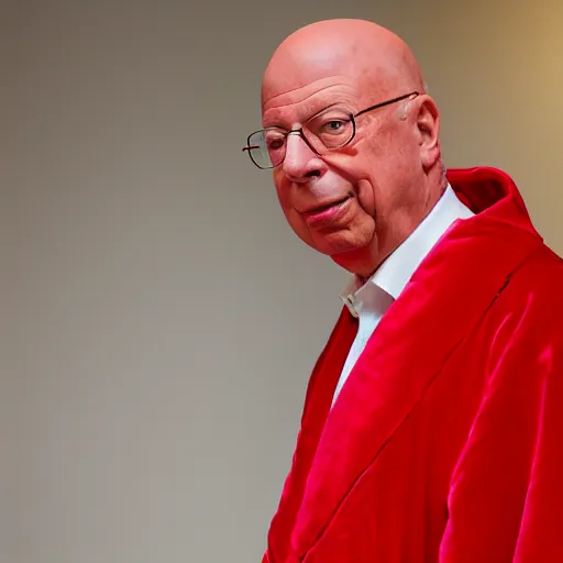 Prompt: klaus schwab wearing a silky red robe