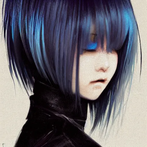 Image similar to full face shot of rimuru tempest, sky blue straight hair, long bangs, closed eyes, wearing a fancy black jacket, high collar, ultra detailed, brush strokes, digital painting, cinematic, wlop artstation, closeup, pixiv, eerie, scary, overpowering, evil, yoshitaka amano, andy warhol,