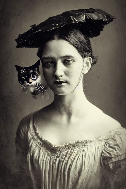 Prompt: wet plate photograph portrait of a victorian woman who has a cat head for her head, dressed in a victorian - era clothing, dramatic lighting, highly detailed, digital painting, artstation, concept art, smooth, sharp focus, illustration, art by wlop, mars ravelo and greg rutkowski