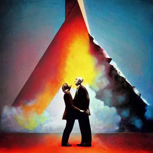 Image similar to a man on fire and a girl on ice, pink floyd album cover, 1 9 7 0's, by storm elvin thorgerson, moebius, craig mullins, colorful flat surreal design, hd, 8 k, artstation