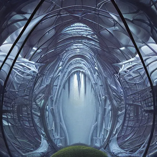 Image similar to epic alien jungle by zdzisław beksinski, greg rutkowski inside a giant futuristic bio structure by zaha hadid