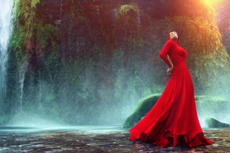 Image similar to a woman in a red dress is standing under the waterfall, post apocalypse, green everywhere, 4k, ultra details, cinematic, epic style, beautiful photo, hyper realistic, octane render, unreal engine, award winning, on artstation, volumetric lightning, masterpiece, golden hour,