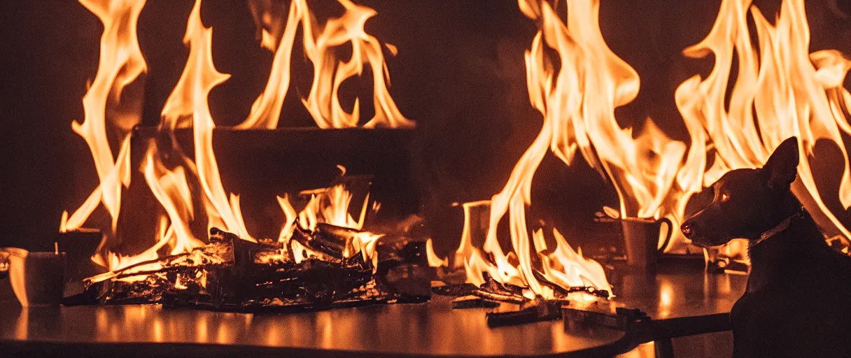 Image similar to a studio photograph (flash on) of a big fire on a dining room on fire, an human-like relaxed dog sitting on a wooden chair at a table (no fire at all there), ☕ on the table, surrounded by flames, a lot of flames behind the dog, black smoke instead of the ceiling, no watermark