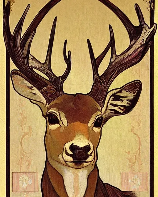 Prompt: an art nouveau painting of a deer with antlers, highly detailed, intricate, artstation, by alphonse mucha and james gurney