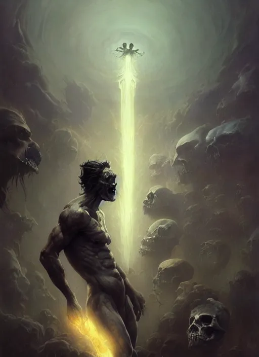 Image similar to shackled in the void of heaven, frank frank frazetta and cgsociety, stunning god sasquatch, charlie bowater and tom bagshaw, insanely detailed, artstation, space art, atoms surrounded by skulls, death, and spirits deep under the haze smaoke, horror, sci - fi, surrealist painting, by peter mohrbacher