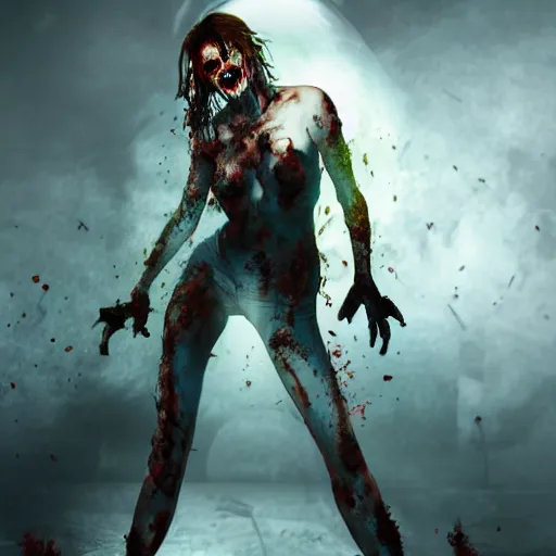 Image similar to angry zombie full body portrait of milla jovovich in an urban szene, grimdark horror, stylized digital illustration, radiating a glowing aura, global illumination, ray tracing, hdr, fanart arstation by ian pesty and katarzyna bek - chmiel