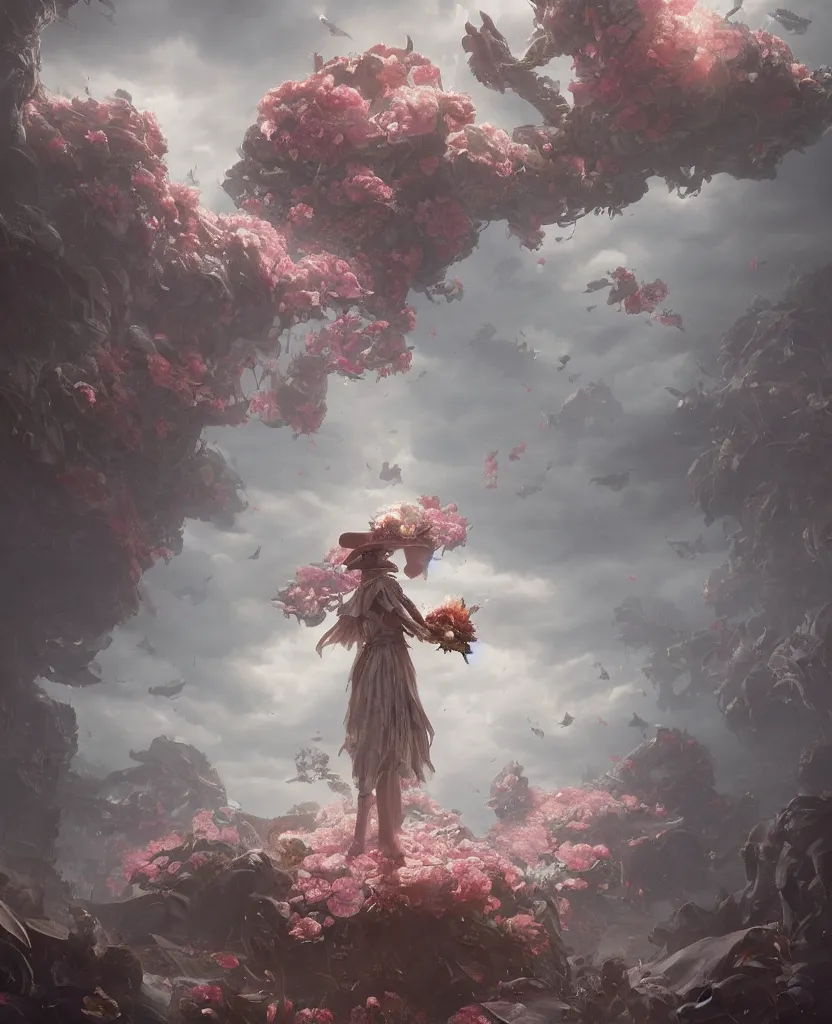 Image similar to a fancy portrait of a giant floating flower by Greg Rutkowski, Sung Choi, Mitchell Mohrhauser, Maciej Kuciara, Johnson Ting, Maxim Verehin, Peter Konig, Bloodborne , 8k photorealistic, cinematic lighting, HD, high details, atmospheric , trending on artstation