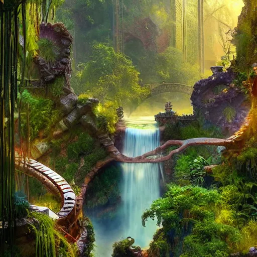 Image similar to waterfall overgrowth city nature photography art nouveau 8 k by antoni gaudi, greg rutkowski, evgeny lushpin