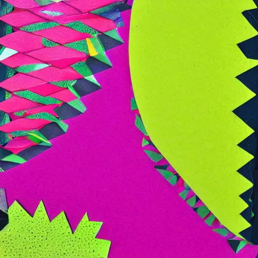 Image similar to abstract paper collage in hot pink, lime green, and purple; highly detailed; torn edges