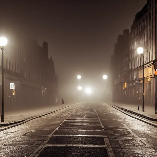 Image similar to a night city scene of edinburgh, scattered low fog, street lights, sole person, by david burton