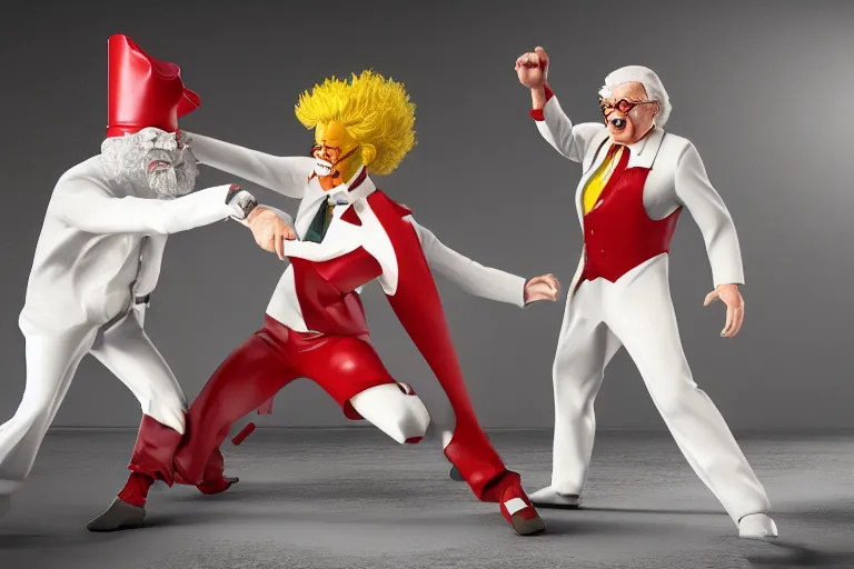 Image similar to ronald macdonald fighting colonel sanders, hyper real, 8 k, octane render, vivid, bright, photo realistic