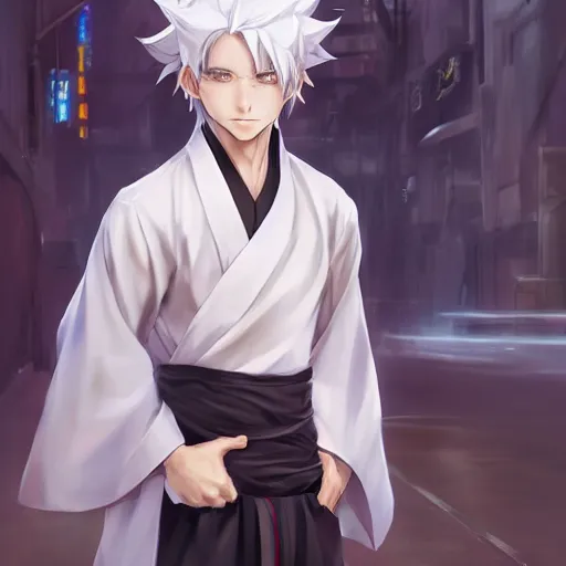 Prompt: white haired parted down the middle, wearing white hakama anime man with black sclera, with sharp teeth smile, full body portrait made by Stanley Artgerm, WLOP, Rossdraws, James Jean Andrei Riabovitchev, Marc Simonetti, Yoshitaka Amano, Artstation