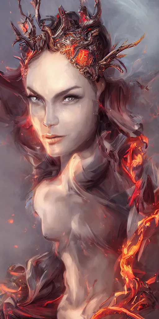 Prompt: portrait of the firedragon queen by artgerm, Dragon in dragon lair, HD, full body dragon concept, flying dragon, Human body with dragon features, beautiful queen, perfect face, fantasy, intricate, elegant, highly detailed, digital painting, artstation, concept art, smooth, sharp focus, illustration, ray tracing, 4k realistic 3d rendered portrait, soft shading, soft colors, relaxed colors, hyperdetailed, wide angle lens, fantasy, futuristic horror, armor style of giger