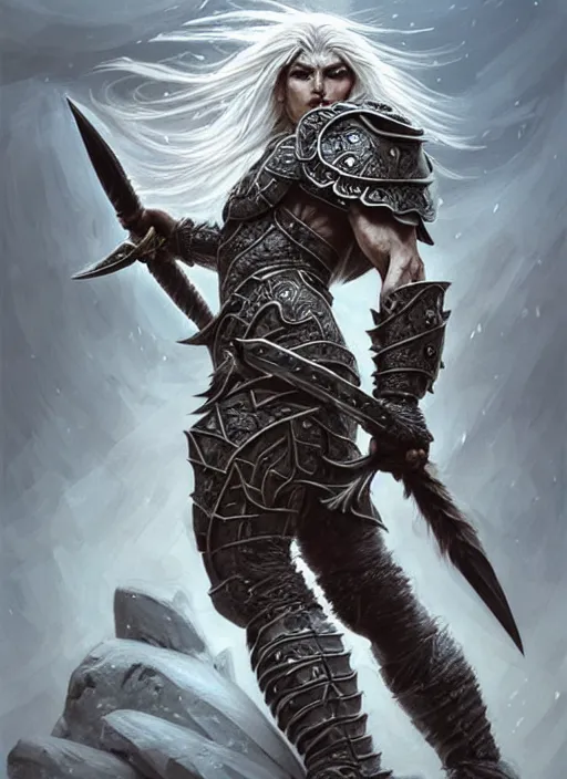 Image similar to barbarian, plated armor!!! long wild white hair!! fully clothed!!! fantasy, d & d, intricate ornate details, digital painting, pretty face!!, symmetry, concept art, sharp focus, illustration, art by artgerm! greg rutkowski magali villeneuve wlop! ilya kuvshinov!!, octane render