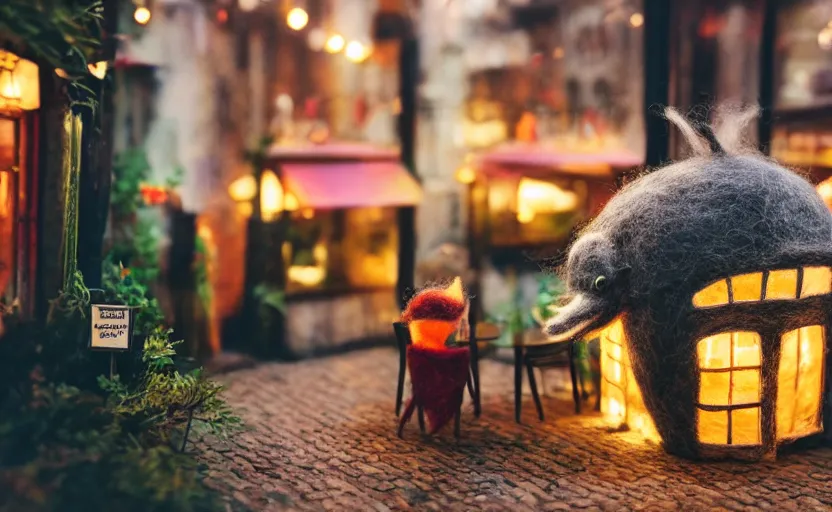 Image similar to miniature cafe diorama, macro photography, cafe with felted anglerfish on a date, alleyway, ambient, atmospheric, british, cozy, bokeh, romantic, colorful lanterns