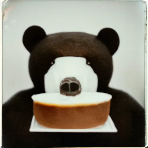 Image similar to polaroid photo of a bear eating cake