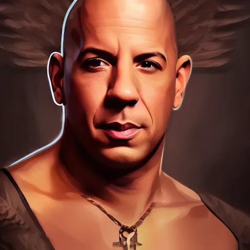 Prompt: Portrait of Vin Diesel as a angel with a halo above the head, digital art, trending on artstation, detalied,