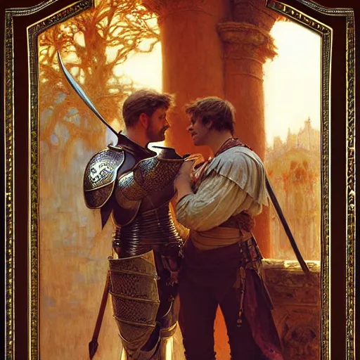 Image similar to attractive arthur pendragon and his attractive male knight, they are in love, natural lighting, path traced, highly detailed, high quality, digital painting, by gaston bussiere, craig mullins, alphonse mucha j. c. leyendecker