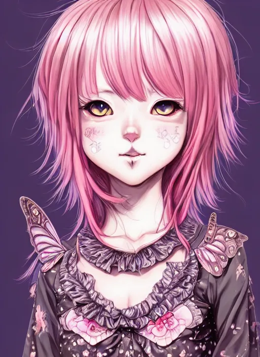 Image similar to dark fantastic mange beautiful cat girl stand in the sunshine, pink hair, rococo dress, symmetrical face, portrait, cute, fairy, by artgerm, mai yoneyama, takeshi obata, katsuhiro otomo, pixiv, detailed background, artstation, highly detailed, colorful, maximalist