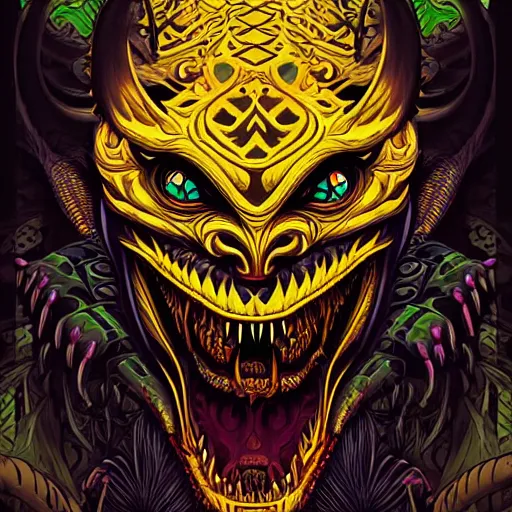 Image similar to barong family member, wiwek, mara demon, one single tribe member, jungle, one single mask, dark, ancient warrior, snake, alien, predator, dragon, devil, satan, diablo, tribal, inner glow, art by dan mumford and justin gerard