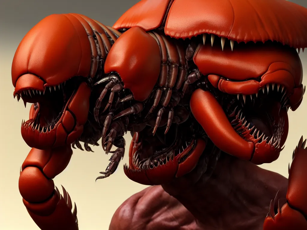 Image similar to doom, crustacean, isopod, muscular body, chiroptera head, chiroptera ears, big sharp teeth, hyperrealism, artstation, cgsociety, zbrush, no background