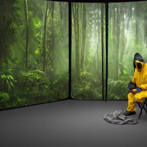 Image similar to photo studio rainforest with foggy background. yellow tent on floor. fisherman in balenciaga cloth, plastic bag and black mask. photorealistic high resolution, redshift render, 8 k