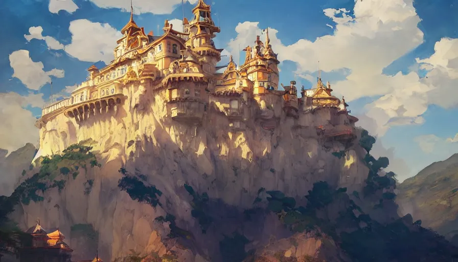 Prompt: Royal castle built inside a mountain, hyperdetailed, artstation, cgsociety,by studio ghibli painting,by Joaquin Sorolla rhads Leyendecker, by Ohara Koson and Thomas, 8k