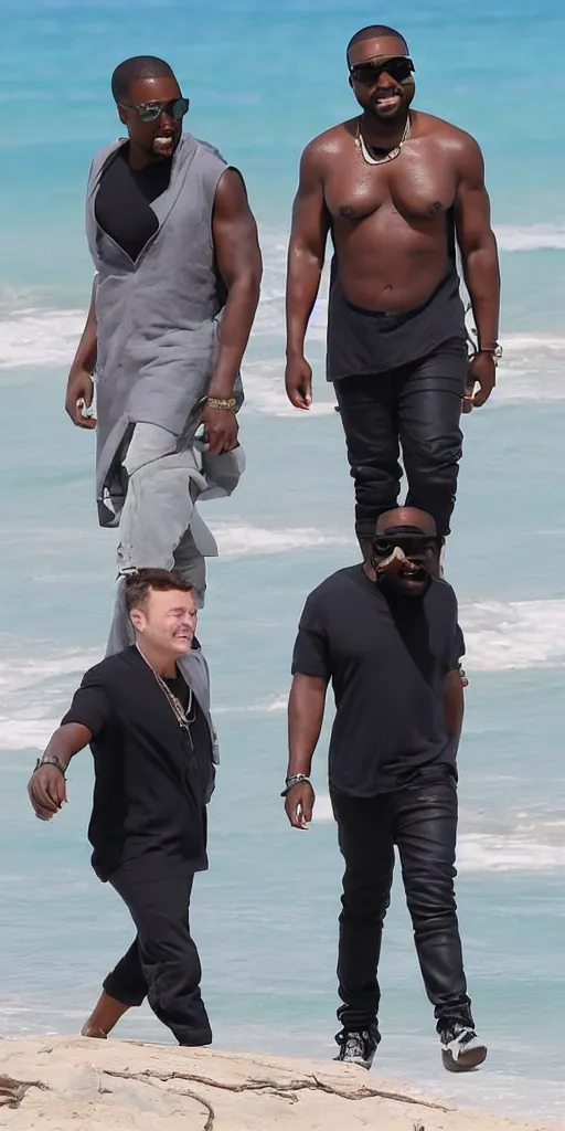 Image similar to elon musk and kanye west happy smiling laughing walking around the beach in aruba