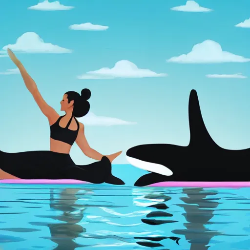 Image similar to orca whale practicing yoga with a black haired young woman, yoga retreat background, soft lighting, digital art