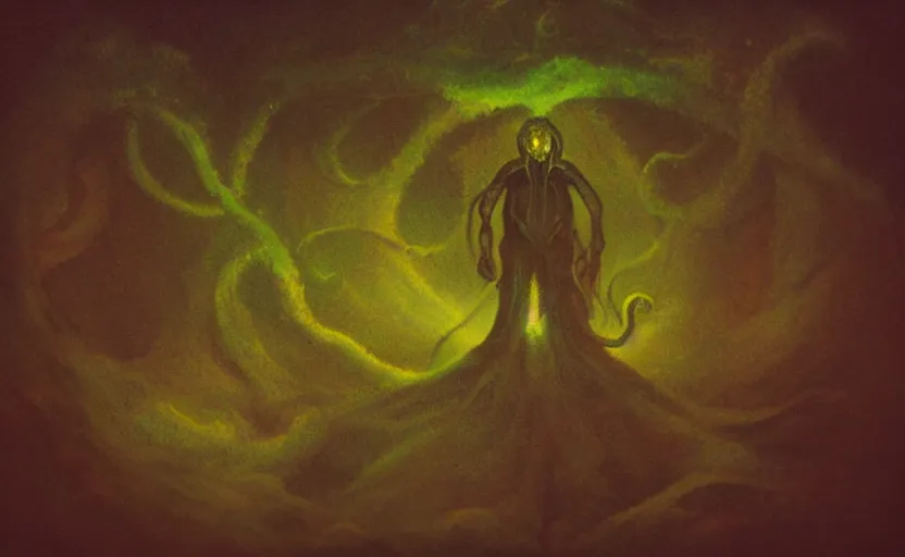 Image similar to lovecraftian horror, lovecraft, moody, lighting study, cthulhu, galactic nebula, volumetric fog, color study, cross hatching, shading study