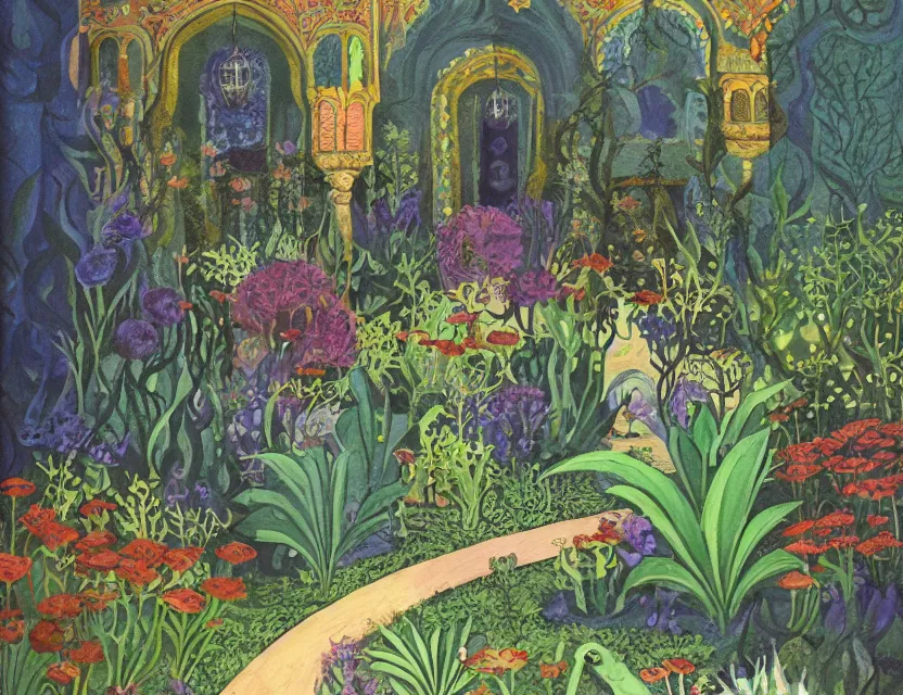 Image similar to lovecraftian persian palace garden. this gouache painting by the beloved children's book illustrator has dramatic lighting, an interesting color scheme and great sense of depth.