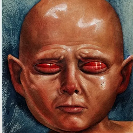 Image similar to crying bald boy with oversized head, shooting huge tears out of eyes