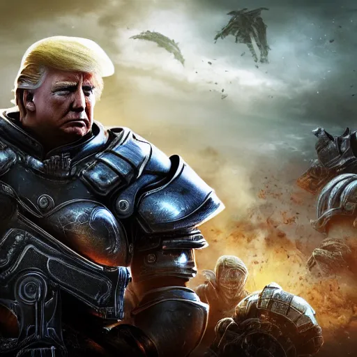 Prompt: Photo portrait of Donald Trump as Crusader Patriot Knight in Gears of War, splash art, movie still, detailed face, photorealistic facial features, cinematic lighting, dramatic, octane render, long lens, shallow depth of field, bokeh, anamorphic lens flare, 8k, hyper detailed, 35mm film grain