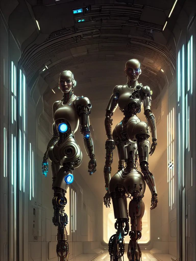 Image similar to ultra realistic, beautiful female cyborg walking down a hallway, in a space metropolis, sci-fi, intricate details, eerie, highly detailed, octane render, 8k, art by artgerm and alphonse mucha and moebius