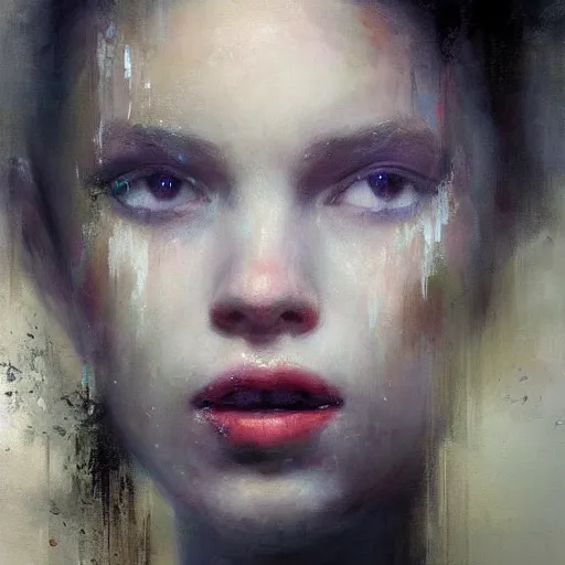 Image similar to A beautiful ballet dancer with makeup crying expression detailed painting beautiful artwork by jeremy mann trending on Artstation dramatic lightning