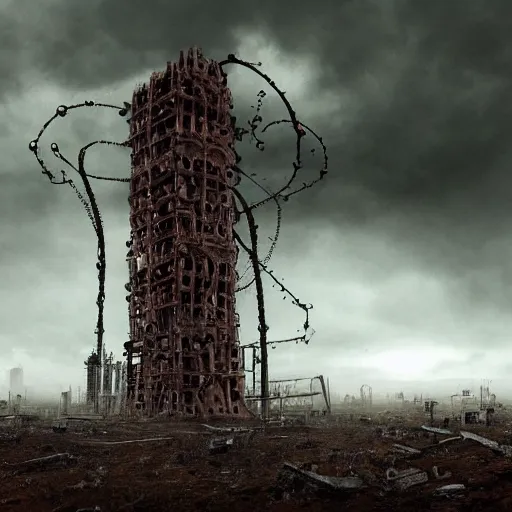 Image similar to giant evil bio-organic fleshy complex machine tower with tendrils and one eyeball at the top looking over a stormy post-apocalyptic wasteland, dystopian art