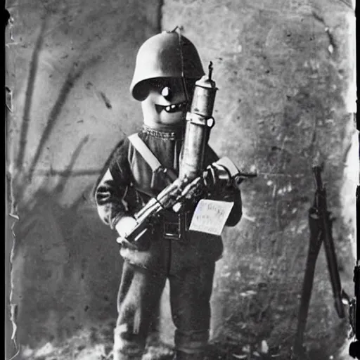 Prompt: old wartime photograph of the despicable me minion holding a lewis gun, 1 9 1 7