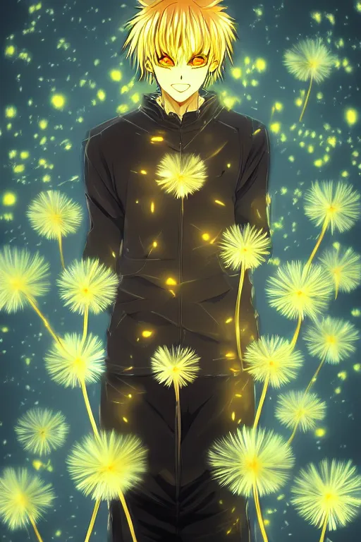 Image similar to golden glowing luminescent dandelion male anime character, symmetrical, highly detailed, digital art, sharp focus, trending on art station, amber eyes, fire colours