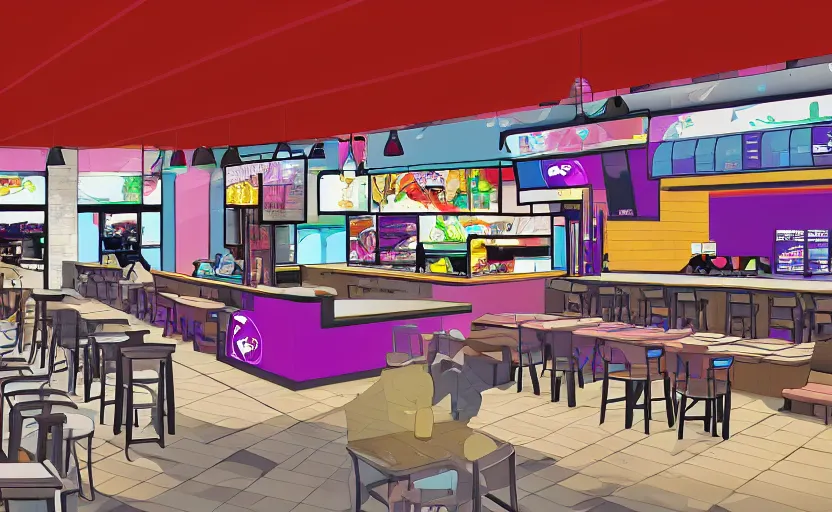 Image similar to the interior of a taco bell, anime scenery, digital art