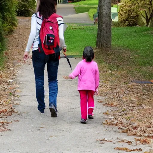 Prompt: a dog is walking a child to school