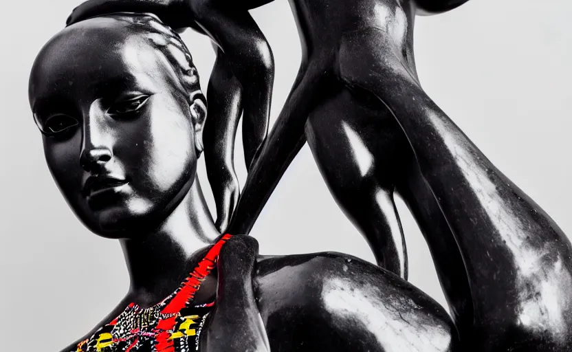 Image similar to extremely beautiful female black marble statue in the style of virgil abloh, colorful motocross logos behind her, sharp focus, clear, detailed,, cinematic, detailed, off white, glamourous, symmetrical, vogue, editorial, fashion, magazine shoot, glossy