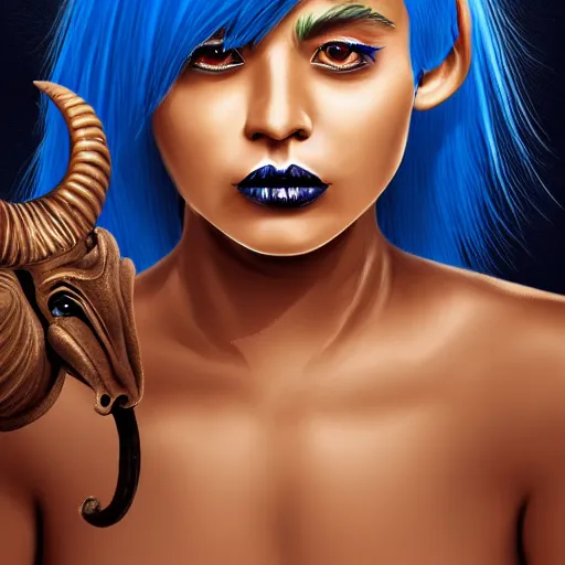 Image similar to illustrated portrait of ram-horned devil woman with blue bob hairstyle and tanned #FFA500 colored skin and with solid black eyes wearing leather by rossdraws